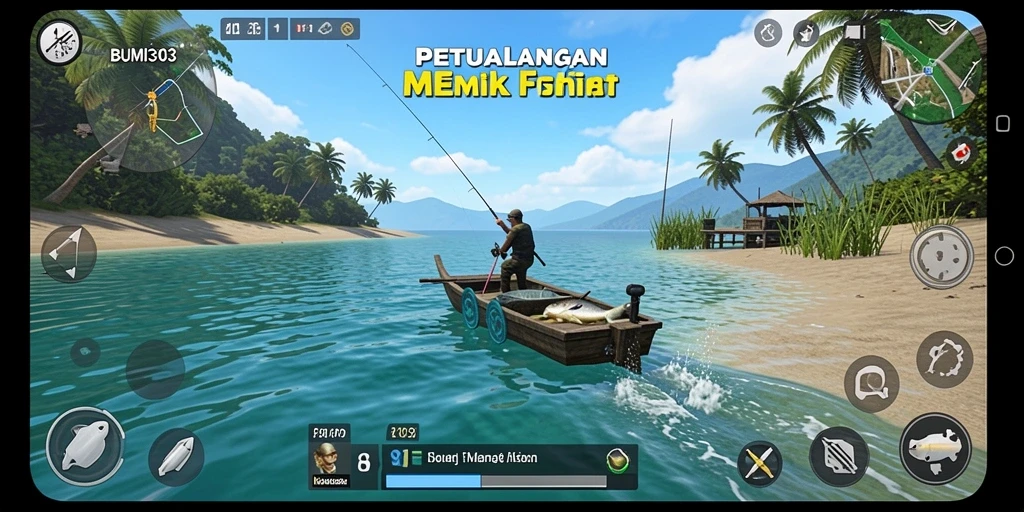 Screenshot BUMI303 menampilkan aksi memancing yang seru dan grafis indah.